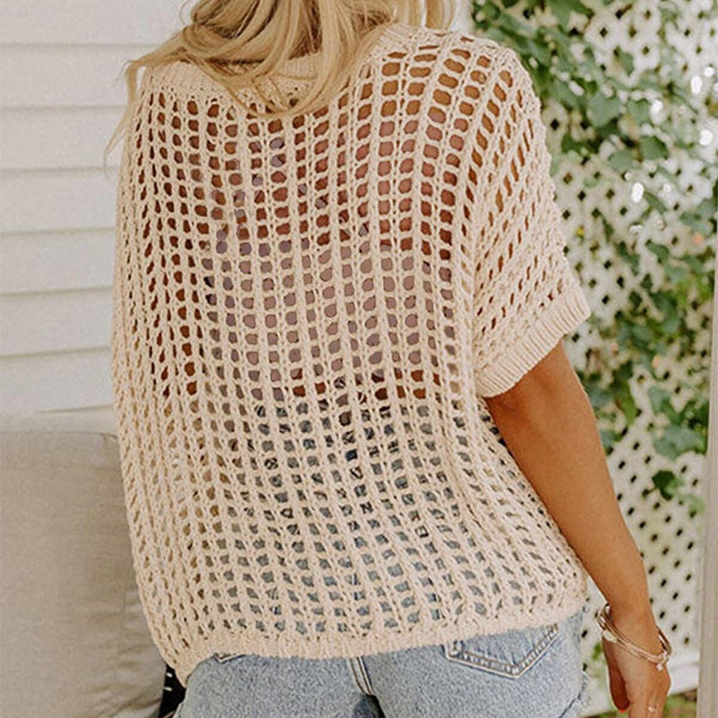 💎 50% DE RÉDUCTION ! 💎 Débardeur Décontracté en Crochet à Maille Creuse – Élégance Transparente, Manches 3/4 & Confort Moelleux 🌸👚