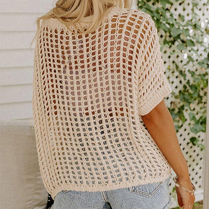 💎 50% DE RÉDUCTION ! 💎 Débardeur Décontracté en Crochet à Maille Creuse – Élégance Transparente, Manches 3/4 & Confort Moelleux 🌸👚