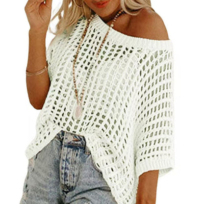 💎 50% DE RÉDUCTION ! 💎 Débardeur Décontracté en Crochet à Maille Creuse – Élégance Transparente, Manches 3/4 & Confort Moelleux 🌸👚