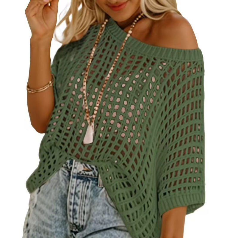 💎 50% DE RÉDUCTION ! 💎 Débardeur Décontracté en Crochet à Maille Creuse – Élégance Transparente, Manches 3/4 & Confort Moelleux 🌸👚