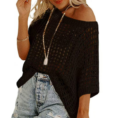 💎 50% DE RÉDUCTION ! 💎 Débardeur Décontracté en Crochet à Maille Creuse – Élégance Transparente, Manches 3/4 & Confort Moelleux 🌸👚