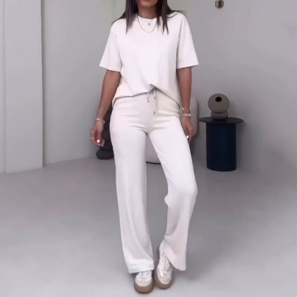Top uni pour dames avec manches courtes ＆ Ensemble deux pièces avec pantalon