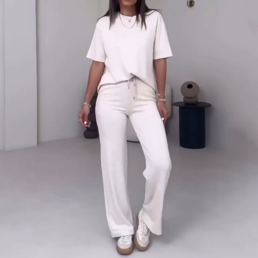 Top uni pour dames avec manches courtes ＆ Ensemble deux pièces avec pantalon
