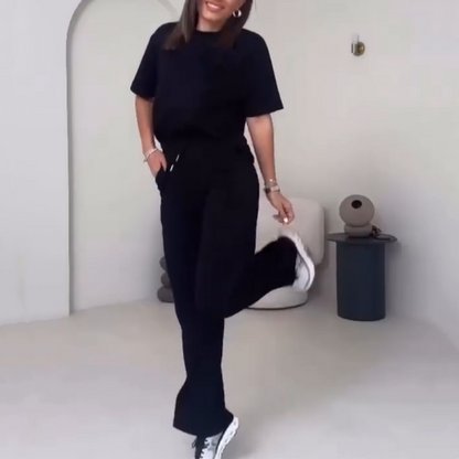 Top uni pour dames avec manches courtes ＆ Ensemble deux pièces avec pantalon