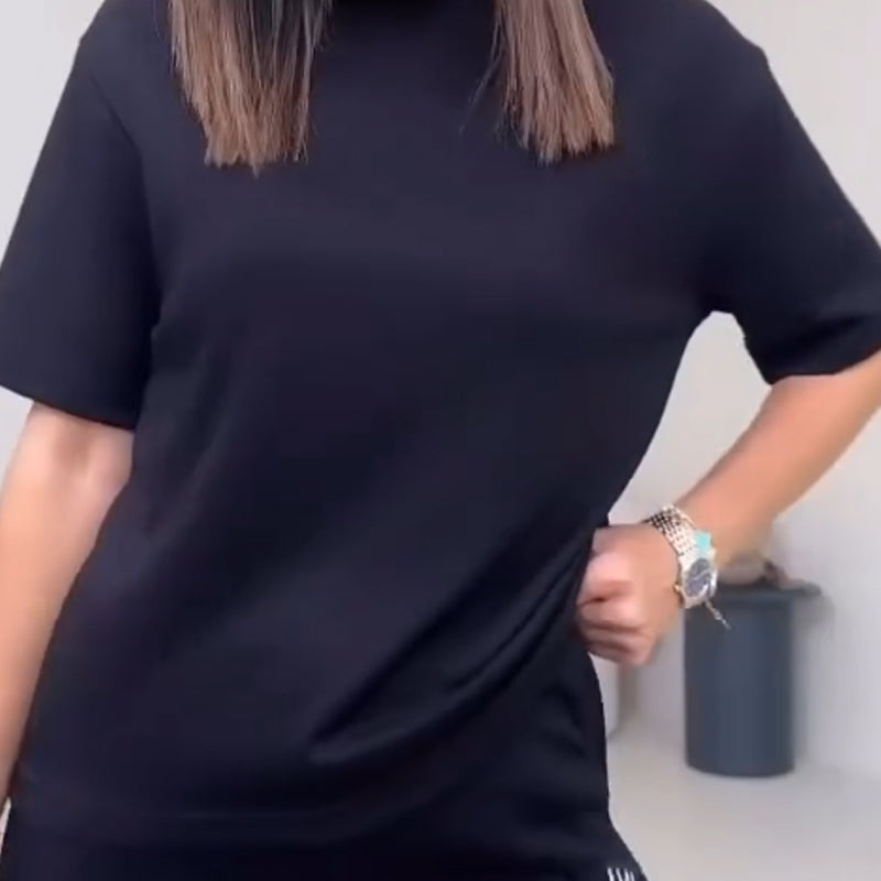 Top uni pour dames avec manches courtes ＆ Ensemble deux pièces avec pantalon