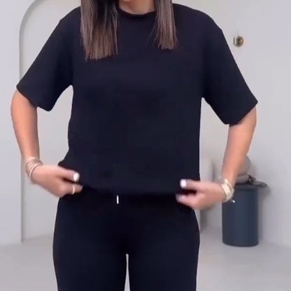 Top uni pour dames avec manches courtes ＆ Ensemble deux pièces avec pantalon