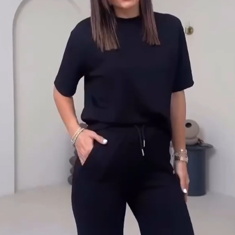 Top uni pour dames avec manches courtes ＆ Ensemble deux pièces avec pantalon