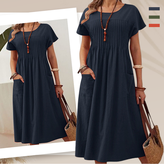 Robe plissée à manches courtes et poches pour femmes