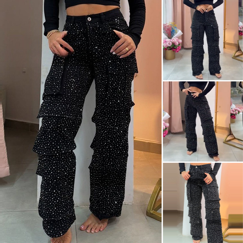 💎  Pantalon large à poches pour femmes, orné de diamants | Léger et élégant  ✨
