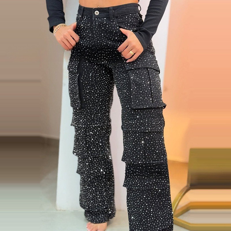 💎  Pantalon large à poches pour femmes, orné de diamants | Léger et élégant  ✨