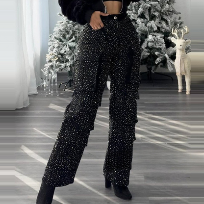 💎  Pantalon large à poches pour femmes, orné de diamants | Léger et élégant  ✨