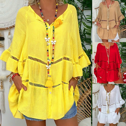 Robe décontractée à encolure en V ajourée pour femme