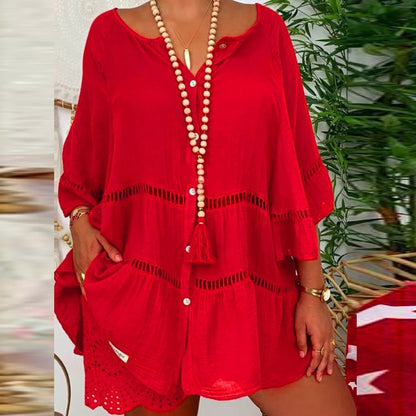 Robe décontractée à encolure en V ajourée pour femme