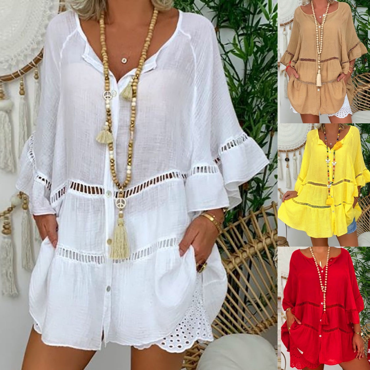 Robe décontractée à encolure en V ajourée pour femme