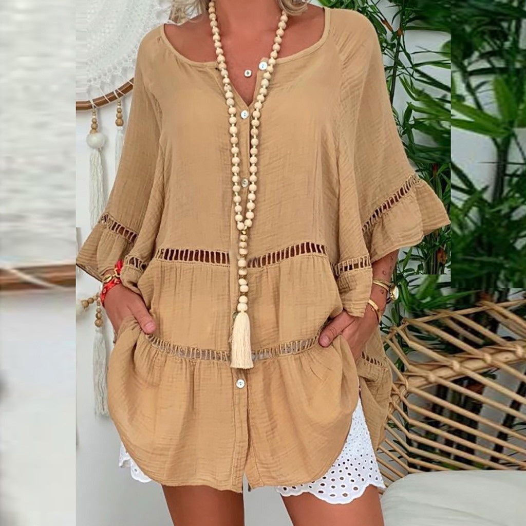 Robe décontractée à encolure en V ajourée pour femme