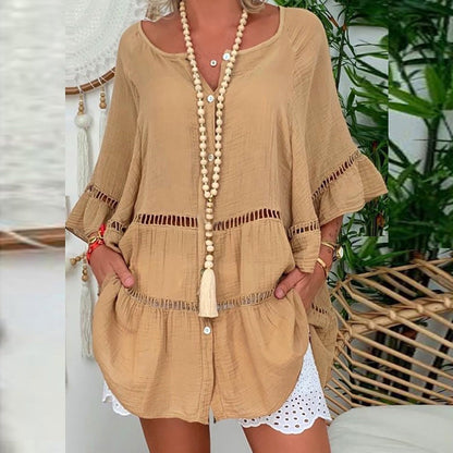 Robe décontractée à encolure en V ajourée pour femme