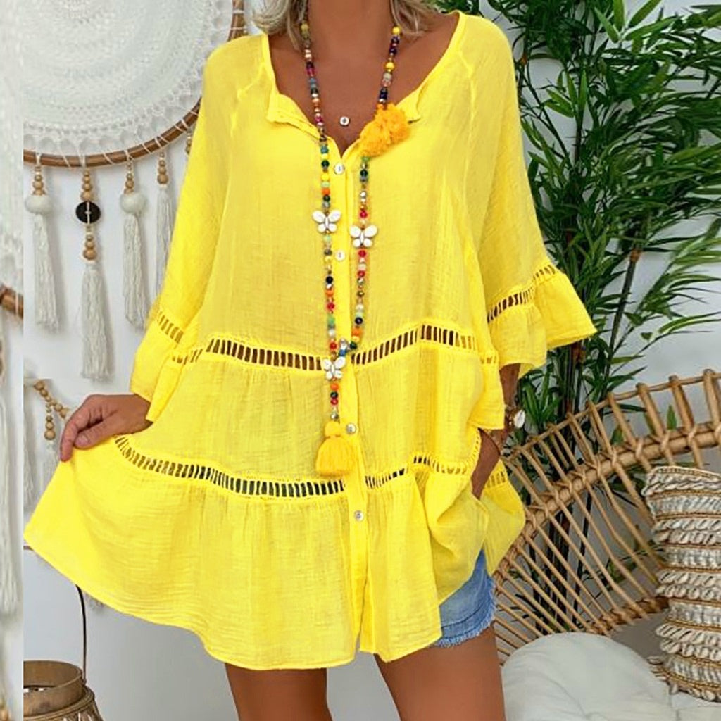 Robe décontractée à encolure en V ajourée pour femme