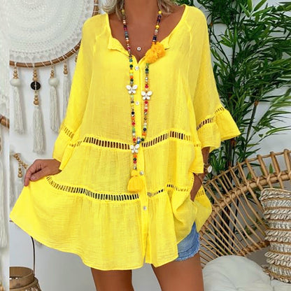 Robe décontractée à encolure en V ajourée pour femme