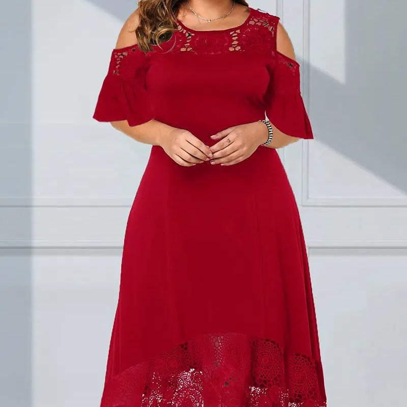 Robe élégante à épaules froides et ourlet en dentelle pour femmes