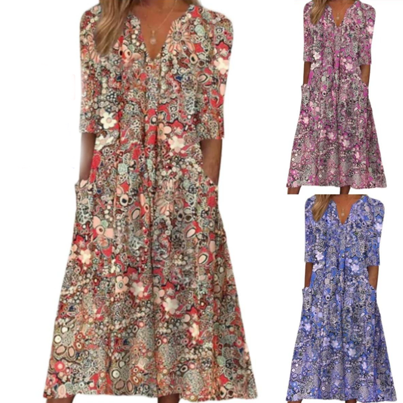 Robe décontractée à imprimé floral, col en V, coupe ample pour femme