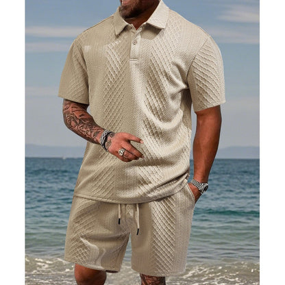 💪Ensemble 2 pièces pour homme : haut à col rabattu et manches courtes à motif losange et short à cordon