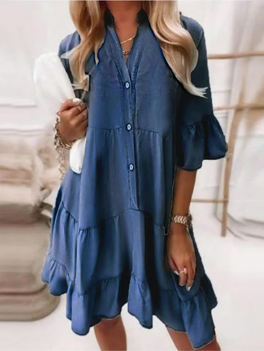 👗Robe d'été à volants en V-Cold - Look en jean léger