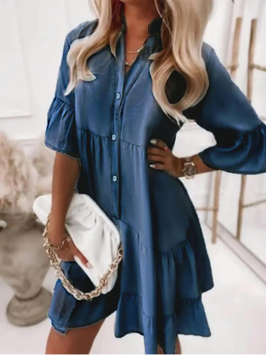 👗Robe d'été à volants en V-Cold - Look en jean léger