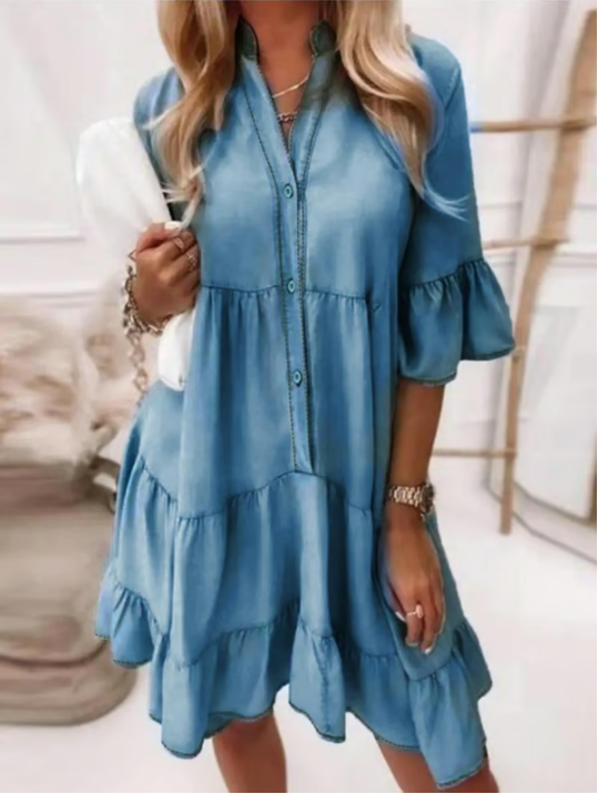 👗Robe d'été à volants en V-Cold - Look en jean léger