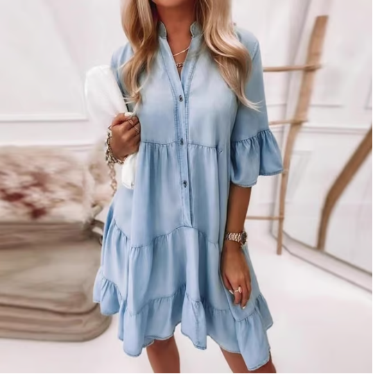 👗Robe d'été à volants en V-Cold - Look en jean léger