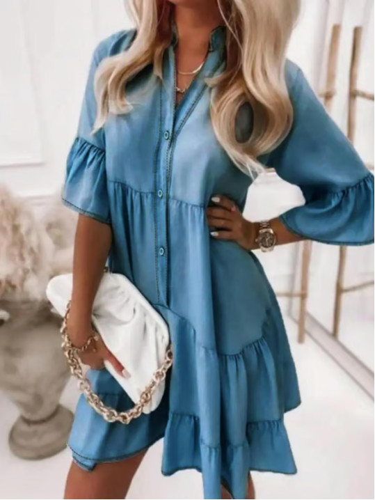 👗Robe d'été à volants en V-Cold - Look en jean léger