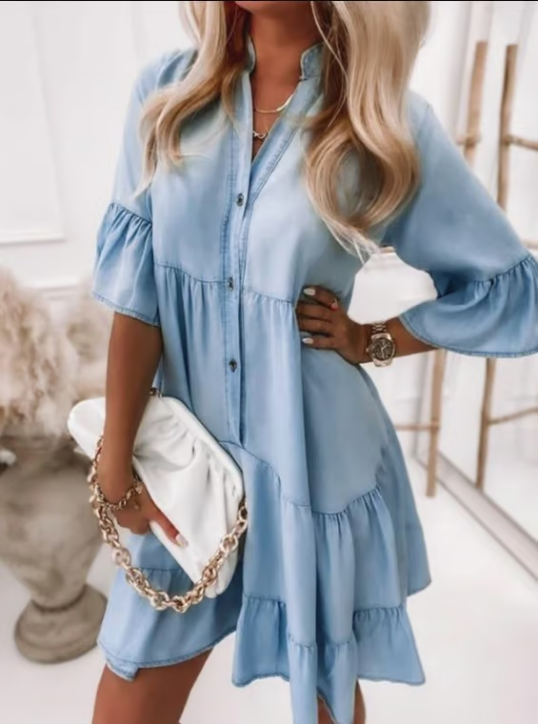 👗Robe d'été à volants en V-Cold - Look en jean léger