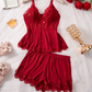 💕Ensemble de vêtements de nuit caraco et short à col en V avec bordure en dentelle