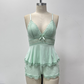 💕Ensemble de vêtements de nuit caraco et short à col en V avec bordure en dentelle