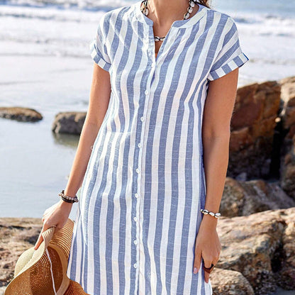 🌸✨Robe-chemise boutonnée rayée pour femme