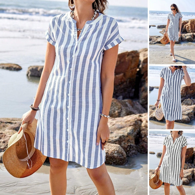 🌸✨Robe-chemise boutonnée rayée pour femme