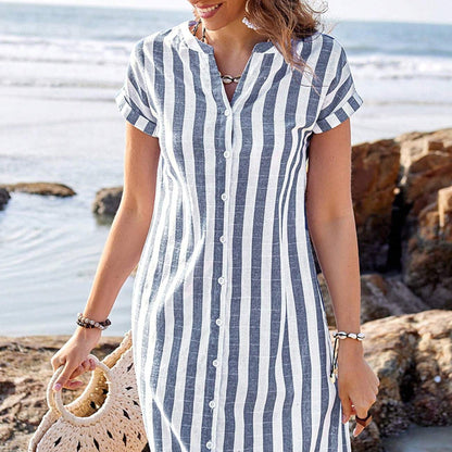 🌸✨Robe-chemise boutonnée rayée pour femme