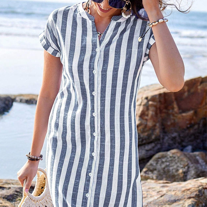 🌸✨Robe-chemise boutonnée rayée pour femme