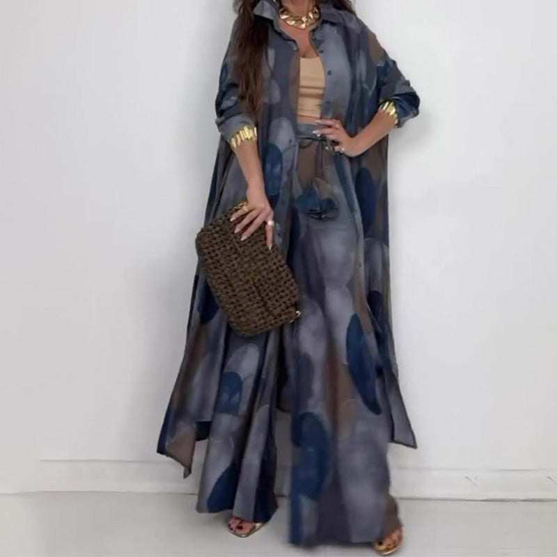 🌤️🌤️Ensemble 2 pièces tendance avec imprimé : chemisier à manches longues et pantalon large