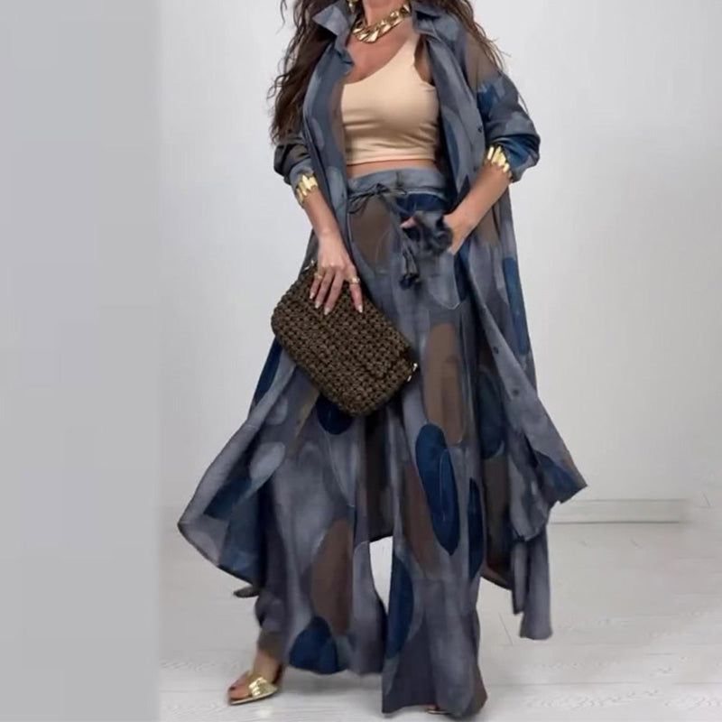 🌤️🌤️Ensemble 2 pièces tendance avec imprimé : chemisier à manches longues et pantalon large