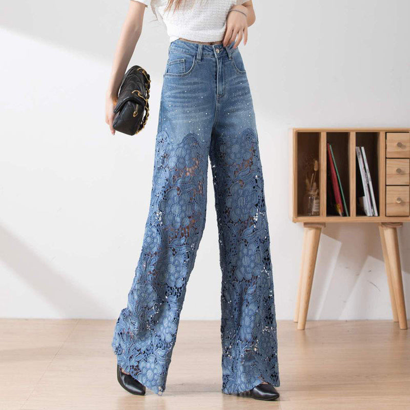 🔥Pantalon large en denim bleu à taille haute pour femmes avec empiècements en dentelle découpés