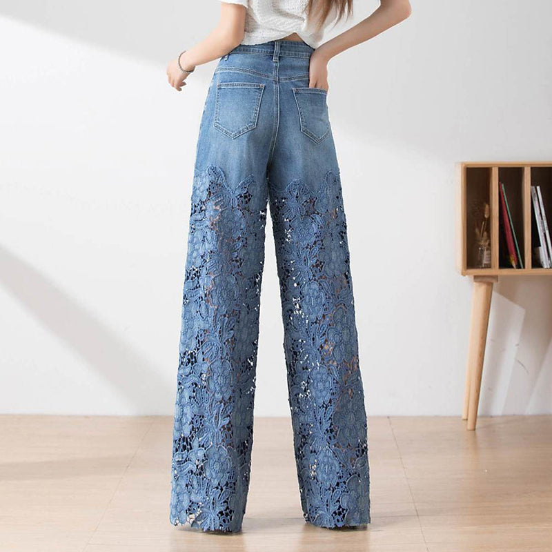 🔥Pantalon large en denim bleu à taille haute pour femmes avec empiècements en dentelle découpés
