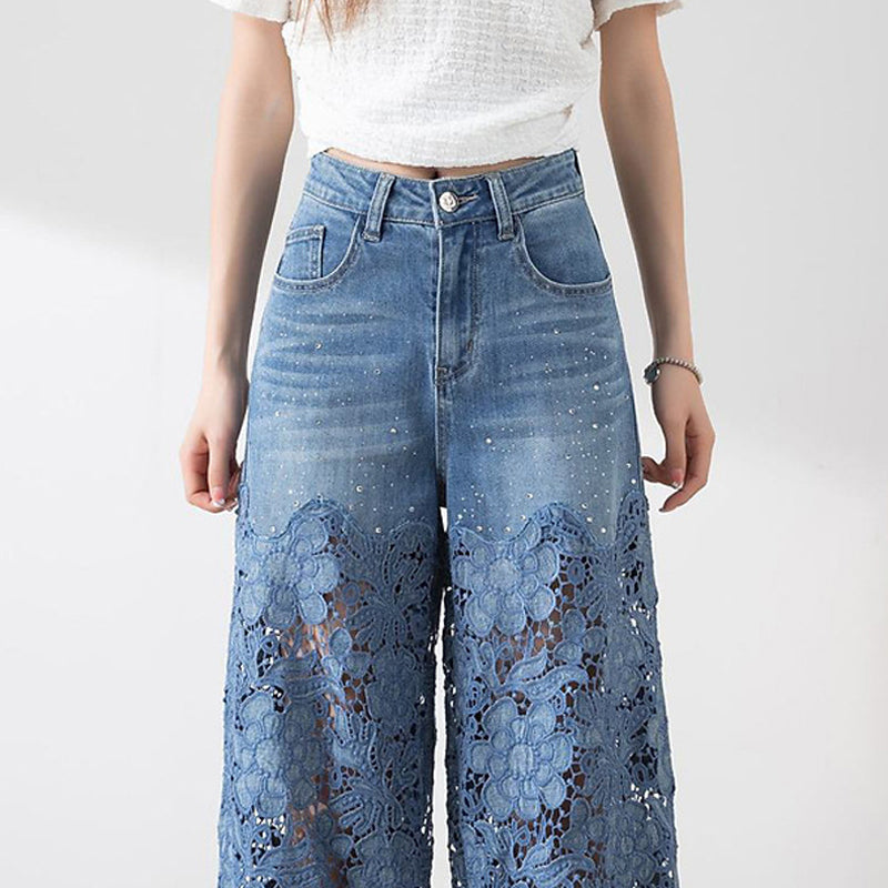 🔥Pantalon large en denim bleu à taille haute pour femmes avec empiècements en dentelle découpés