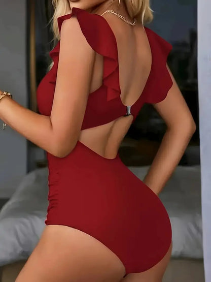 💎 48% DE RÉDUCTION ! 💎 Maillot de Bain Une Pièce Sexy à Volants – Dos Nu, Détail Torsadé & Décolleté en V Profond 🌊👙