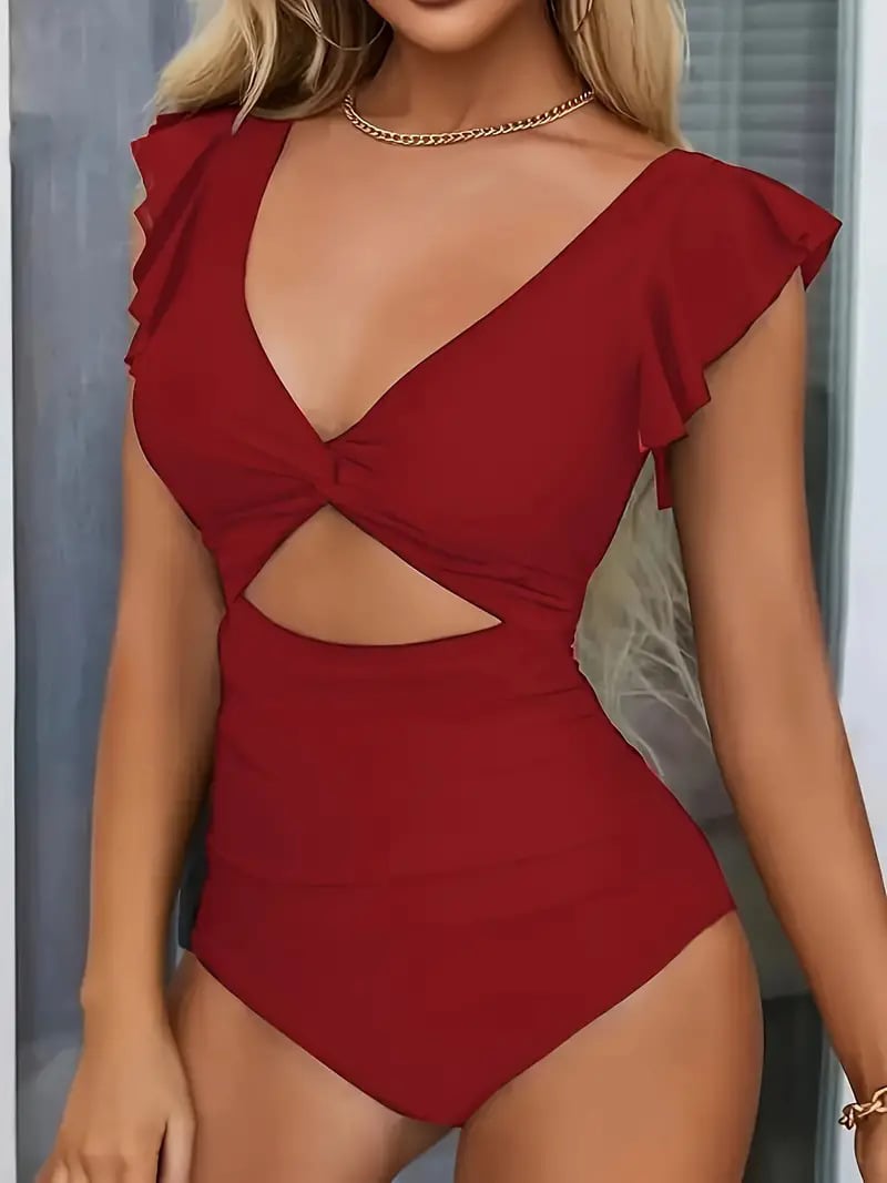 💎 48% DE RÉDUCTION ! 💎 Maillot de Bain Une Pièce Sexy à Volants – Dos Nu, Détail Torsadé & Décolleté en V Profond 🌊👙