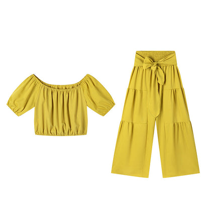 👚 49 % DE RÉDUCTION EN CE MOMENT ! 🌸 Ensemble 2 pièces composé d'un haut à manches bouffantes et épaules dénudées et d'un pantalon à jambes larges – Élégant, confortable et idéal pour les journées d'été ☀️