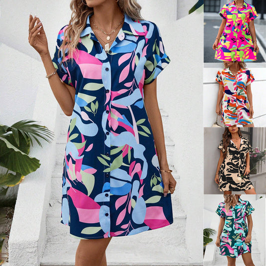Robe chemise à manches courtes à imprimé floral pour femmes