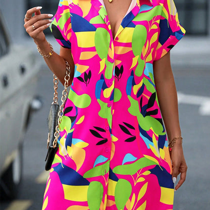 Robe chemise à manches courtes à imprimé floral pour femmes
