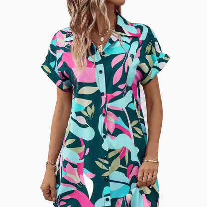 Robe chemise à manches courtes à imprimé floral pour femmes