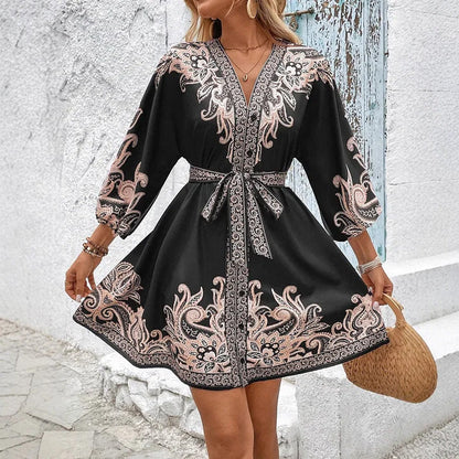 🌞🌸2025 ventes chaudes&Réduction limitée de 69% en été👱‍♀️Robe imprimée à col en V et ceinture nouée pour femme