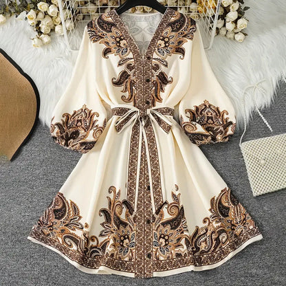 🌞🌸2025 ventes chaudes&Réduction limitée de 69% en été👱‍♀️Robe imprimée à col en V et ceinture nouée pour femme